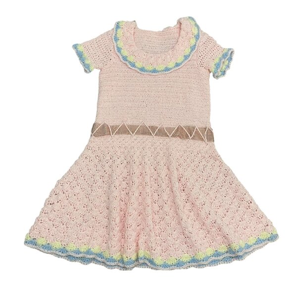Vintage Handmade Crochet women Barbie style Dress With Scallop Trim Zigzag Belt - Picture 9 of 16